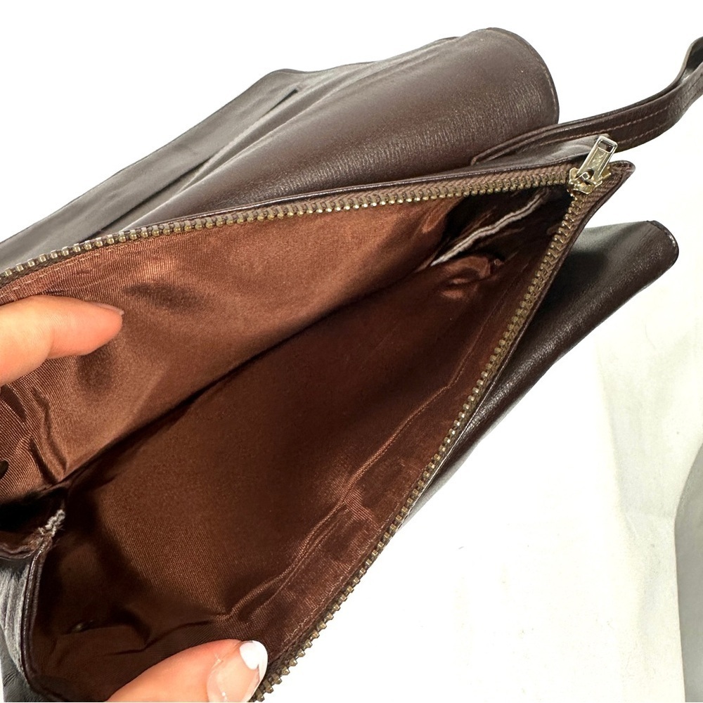 Vintage German Leather Clutch Brown Double-G Corner Hardware 80s Minimalist - Picture 11 of 12